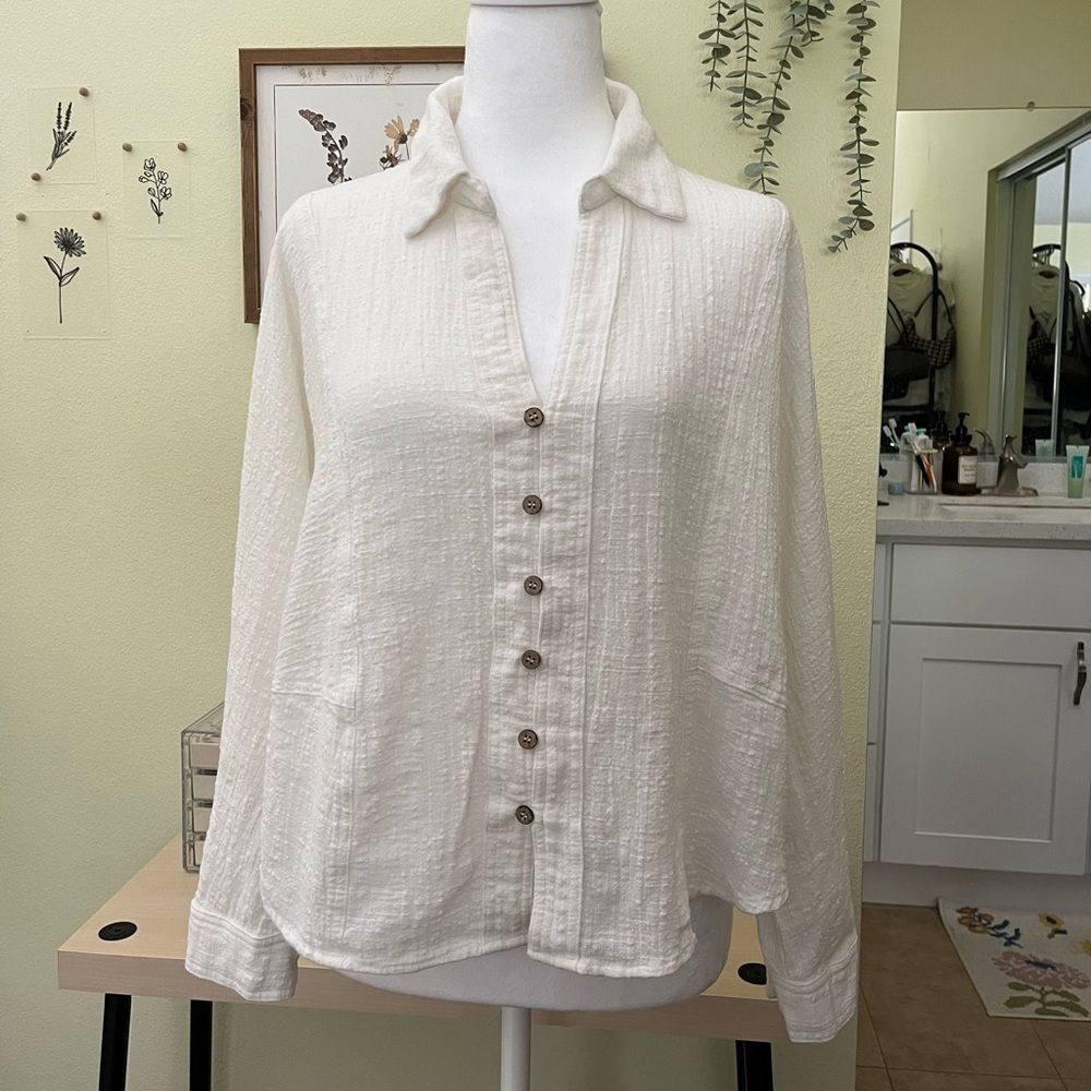 Mustard Seed Cotton Gauze Button-Down Boho Coastal Beachwear Top Size S